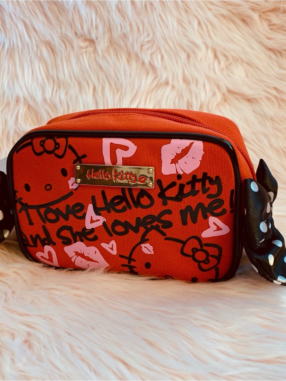 Sanrio Hello Kitty Red Canvas Polka Dot Black Bow Cosmetic Case